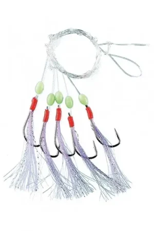 Nouveauté Fladen White and Blue Feather Flasher-rig w. glowing balls 5 Hooks, size 3/0