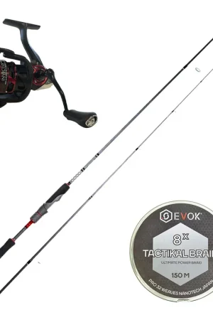 Soldes Pack Canne Spinning Evok Invictus V2 2.19m, 14-42g + Moulinet Evok Invictus 4000FD + Tresse Evok Tactikal Braid 0.15mm